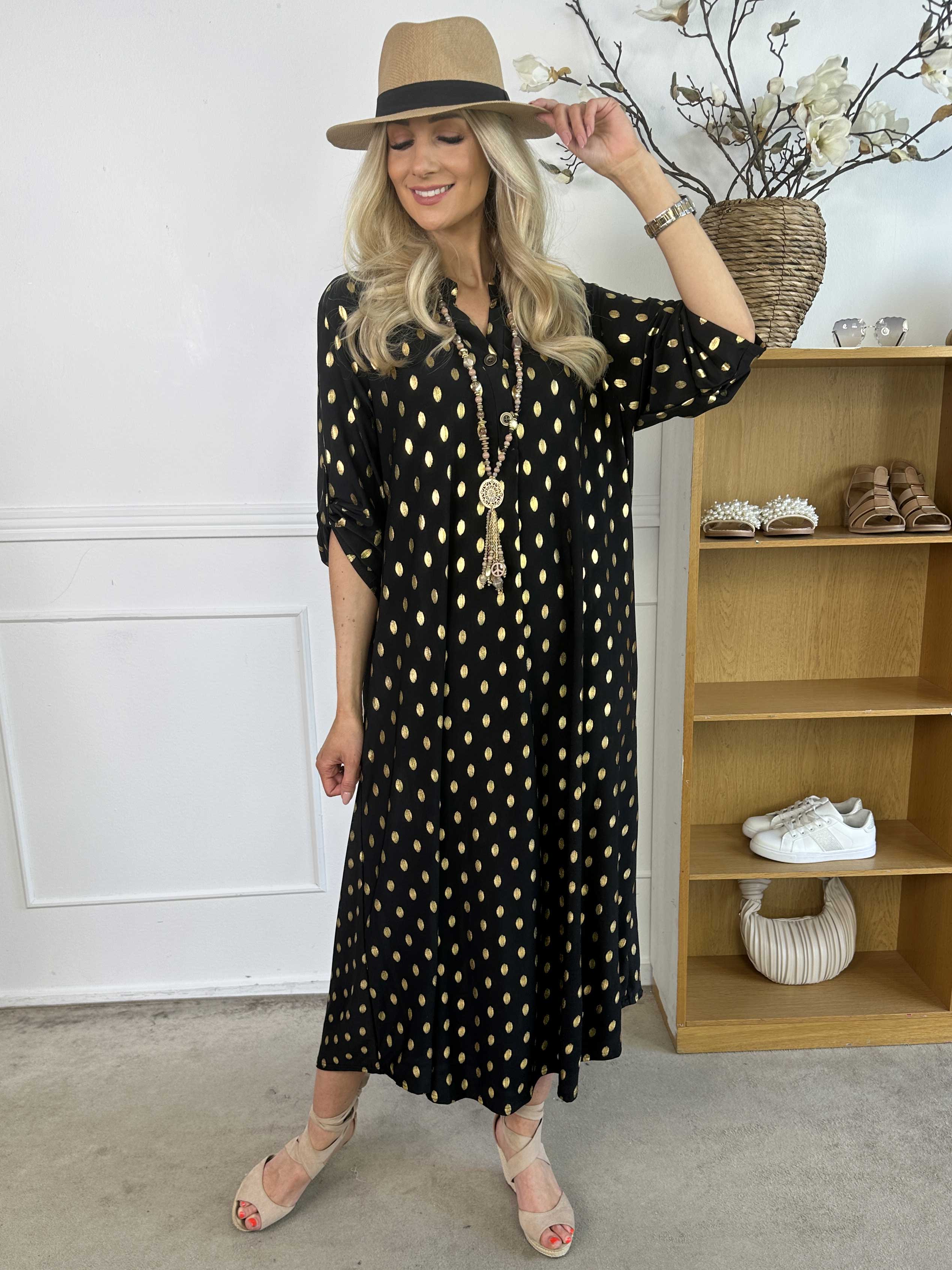 Ebba Gold Dress - Lång klänning med resår och guldprickar